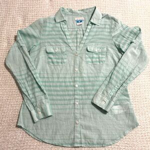 Columbia Womens Green Striped Button Up Shirt Outdoor Hiking Casual Size S PFG